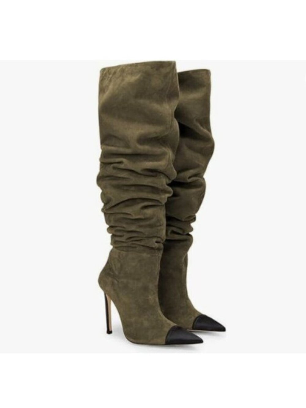 Women Soft Plicated Suede Stiletto Heel Knee High Booties, Cap Toe Thigh Boots